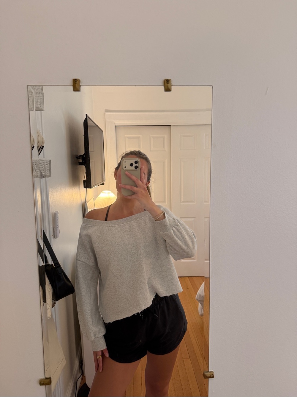Light Gray Off‑Shoulder Cropped Sweatshirt